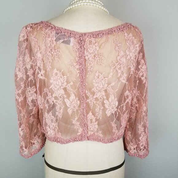 Romantic Rose Pink Sheer Lace Cropped 3/4 Slv Blouse * Size 14 Boutique Montage - Picture 4 of 6